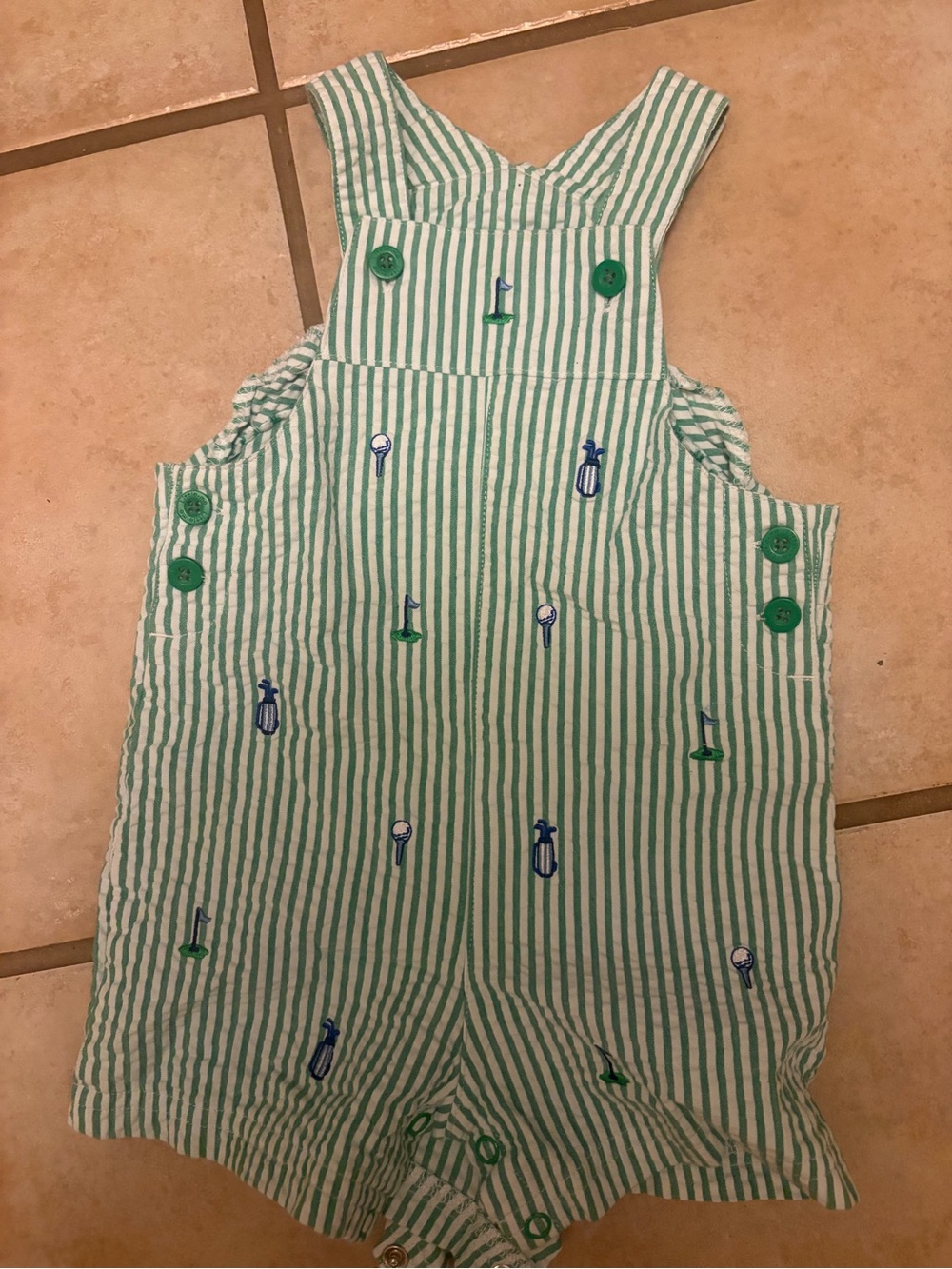 Green white seersucker stripe golf Embroidered Toddler Romper